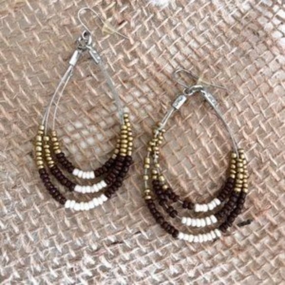 Brown Cream & Gold Multi Strand Seed Beaded Necklace and Earring Set - OS - Picture 6 of 8